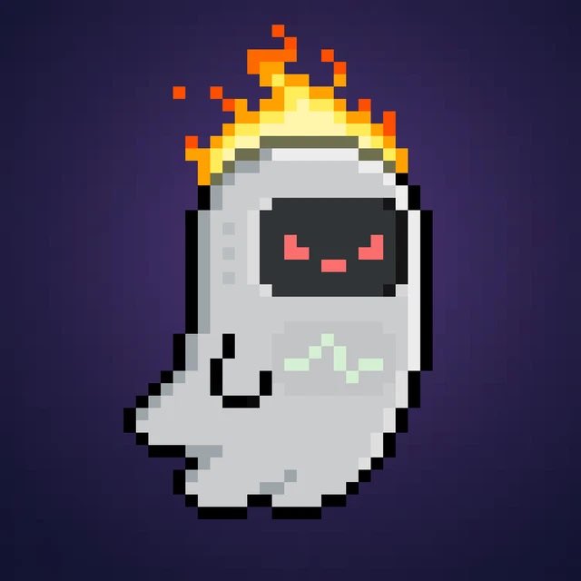 Pixel art of an astronaut-like figure in a white suit with a red glowing visor, wearing a ring of orange and yellow flames as a hat.