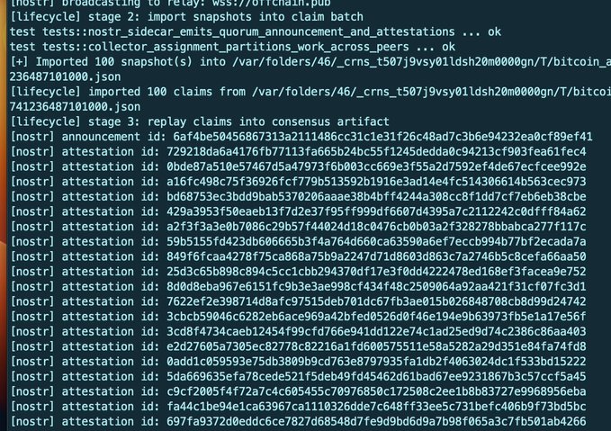 A terminal window displaying blockchain-related logs, including imported snapshots, claims, and a series of attestation IDs with long hexadecimal strings.