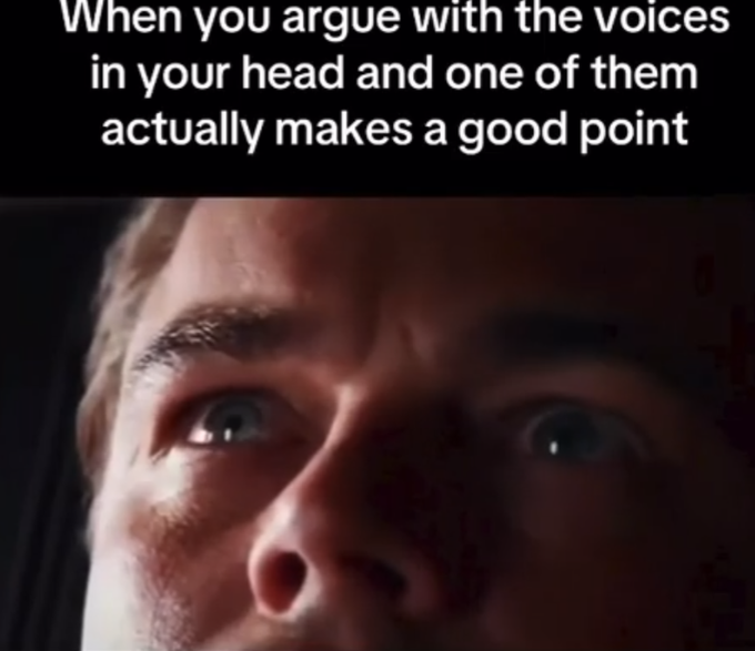 A meme featuring a wide-eyed man (Nicolas Cage) with text reading 'When you argue with the voices in your head and one of them actually makes a good point'.