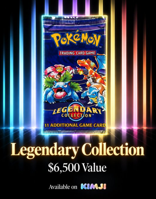 A promotional image for a Pokémon Trading Card Game "Legendary Collection" booster pack, highlighted by neon light streaks, advertises its $6,500 value and availability on Kimji, directly tying into the post's claim that a seemingly ordinary $75 pack could contain this high-value grail.