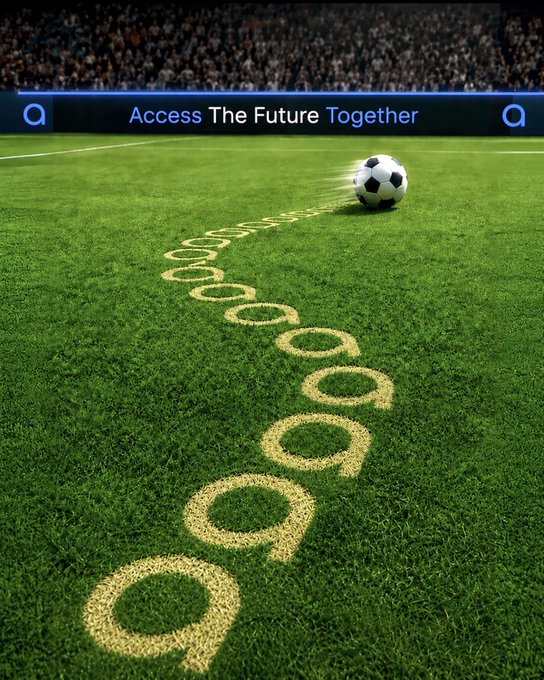 A soccer ball rolls across a stadium field, leaving a trail of the Access Hub logo (a stylized "Q" or circular emblem) imprinted in the grass. The banner reads "Access The Future Together," symbolizing how every creator's contributions—stakes, subscriptions, and support—leave lasting marks that build momentum across the Solana ecosystem, much like the ball's path shaping the field.