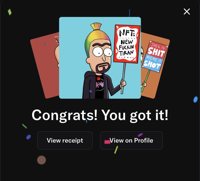 A digital NFT purchase confirmation screen displaying 'Congrats! You got it!' with a cartoon character holding protest signs about NFTs, alongside 'View receipt' and 'View on Profile' buttons.