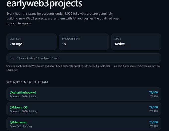 A screenshot of a Web3 project scanner called 'earlyweb3projects' showing recent Twitter/X accounts like @whattheookv4, @Moss_OS, and @Menawar_ sent to Telegram with scores ranging from 72 to 78 out of 100.