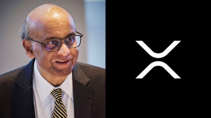 A split image showing a bald man with glasses in a suit and striped tie on the left, paired with the white XRP logo on a black background on the right.