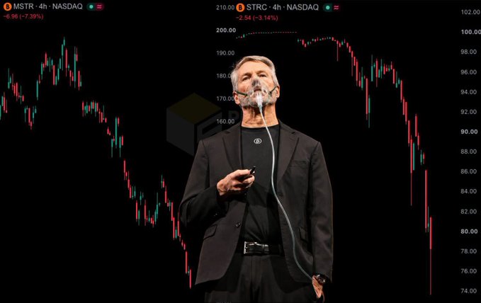 Michael Saylor, CEO of Strategy (formerly MicroStrategy), stands in a black suit exhaling a plume of vapor from his mouth, overlaid against stock charts showing MSTR down 7.39% and STRC down 3.14% on NASDAQ. The image humorously illustrates the Vietnamese caption's plea to "ship oxygen to Saylor," reflecting concern over the Rosen Law Firm's investigation into potential securities violations and the sharp decline in Strategy's stock prices.