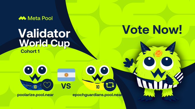 The image features a cartoon character, likely a monster, standing against a green background with white text. The text includes information about the Validated World Cup, specifically mentioning that the game will be held in Argentina at week 12 of the year. There are also two validators listed on the image, one for each team participating in the match. The post encourages viewers to vote and mentions that the winner will receive a "manza" or "pool.near" repost from Chan.