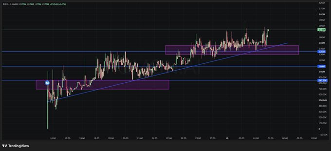 A candlestick chart from TradingView displays Bitcoin's (BTC/USD) price action on a 1-hour timeframe, ranging roughly from $600K to $1.2M, with a notable downtrend followed by recovery and marked support/resistance zones highlighted in purple rectangles. The post's reference to "$牛马" (a slang term meaning "bulls and bears" or everyday traders) likely relates to the volatile price swings visible in the chart, illustrating the back-and-forth struggle between market participants.