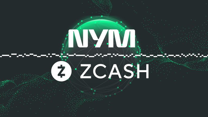 A graphic displays the "NYM" and "ZCASH" logos against a dark green background featuring a stylized network globe, visually representing the integration between Nym's privacy technology and the Zcash cryptocurrency. A dashed line bisects the image, symbolizing the network layer vulnerability mentioned in the post about Zcash's Ironwood migration.