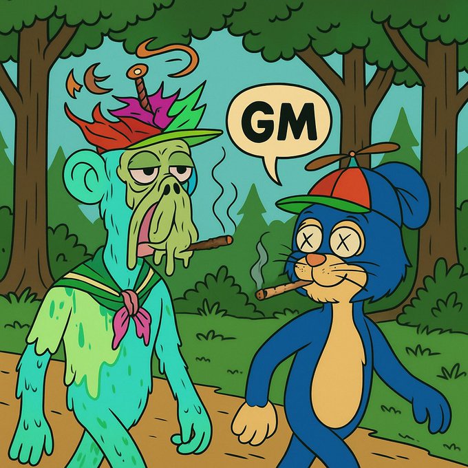 A cartoon drawing in a forest setting featuring a green zombie-like character with a knife in its head and a blue cat character with X-shaped eyes; the zombie says 'GM' in a speech bubble, and both are smoking cigars.
