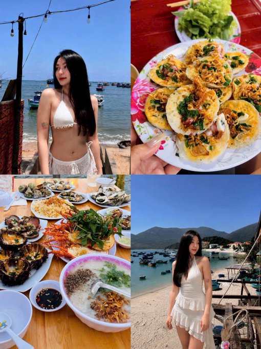 The image features a collage of four photos, each depicting different food items such as bowls filled with various dishes, plates of food, and even a woman posing next to a plate of food. The first photo shows a woman wearing a bikini top standing in front of a table full of food. The second photo captures the same scene but with the woman's back facing the camera. The third photo features the woman again, this time from behind a plate of food. Lastly, the fourth photo showcases the woman posing next to another plate of food.

The collage is related to a post on social media that includes an image of a bikini-clad woman and a picture of her posing with a plate of food. The caption for the post reads: "Nhà có cô em gái @AzuraETH Vừa xinh vừa đáng yêu Dáng chuẩn người mẫu ảnh nha! Có br Vip $BILL còn anh em nào không Để tôi chưaaaaaa!!!".