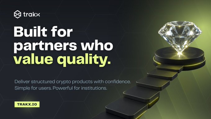 A promotional banner for Trakx with the headline 'Built for partners who value quality,' showing a glowing diamond on a black pedestal and the URL 'TRAKX.IO'.