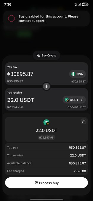 Mobile screenshot of a Buy Crypto screen with the same 'Buy disabled for this account' notice, showing conversion of ₦30,895.87 NGN to 22.0 USDT with a ₦926.88 fee.