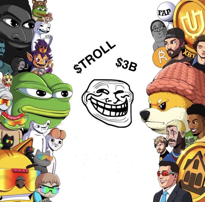 A collage featuring various internet meme characters flanking a central troll face with the text "$TROLL $3B," with Pepe the Frog on the left and Shiba Inu dog with crypto-related figures on the right.