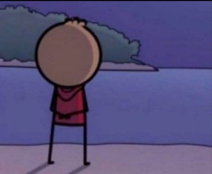 A cartoon scene of a stick figure character with a large round head wearing a red cape, looking out at water at dusk.