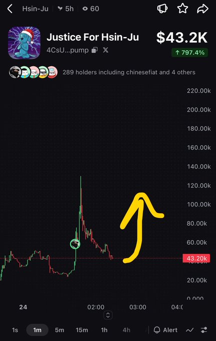 A cryptocurrency chart screenshot showing 'Justice For Hsin-Ju' (4CsU...pump) with a value of $43.2K, up 797.4%, featuring a yellow hand-drawn arrow pointing up and a green circle marking a price spike.