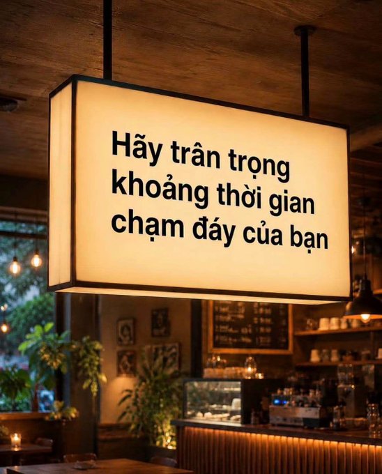 A hanging illuminated light box sign in a cafe displaying Vietnamese text: 'Hãy trân trọng khoảng thời gian chậm đầy của bạn'.