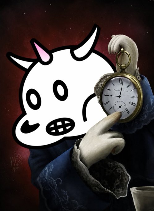 An artistic illustration combining a cartoonish white unicorn/horse head with a rendered human figure in blue clothing holding a vintage gold pocket watch against a dark red background.