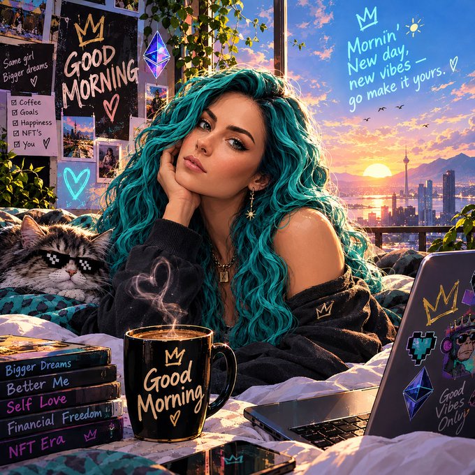 A digital illustration shows a woman with teal hair relaxing in bed with a cat, surrounded by motivational text including 'Good Morning', 'Mornin' New day, new vibes - go make it yours', and labels like 'Bigger Dreams', 'Self Love', and 'Financial Freedom'.