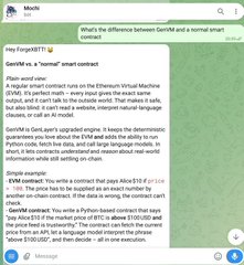 A mobile Facebook post screenshot showing the 'GeekVR' account asking 'What's the difference between GenM8 and a normal smart contract?' with explanatory text comparing EVM and GenM8 contracts.