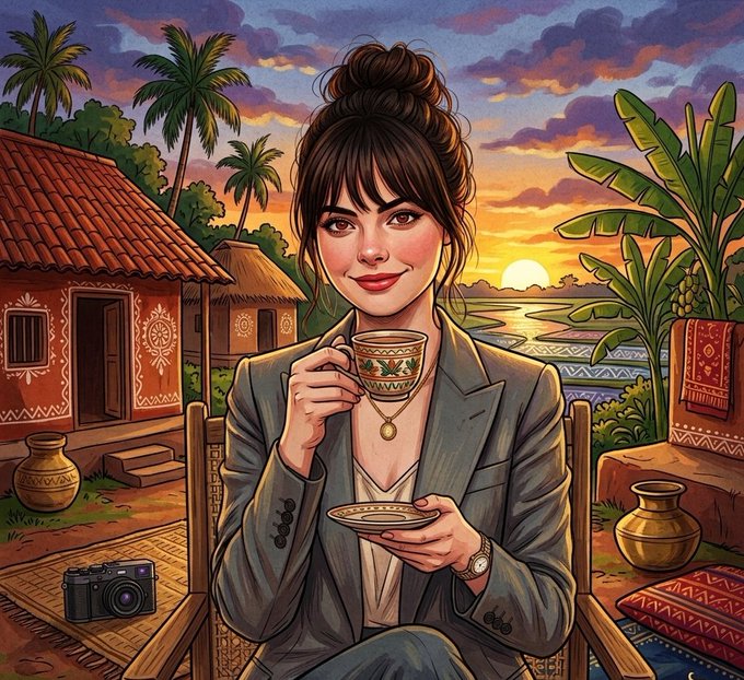 Illustration of a stylish woman with dark hair in a bun, wearing a gray blazer, holding an ornate teacup while seated in a tropical village setting at sunset with palm trees and traditional huts.