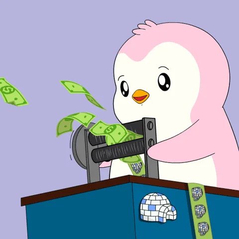 A cartoon penguin with pink coloring is shown operating a money printing machine, with dollar bills emerging from it and additional cash and currency-themed accessories draped over the printer's housing. The illustration visually captures the "$PENGU printer go brrrrr" meme, representing the rapid minting or generation of wealth associated with the PENGU token.