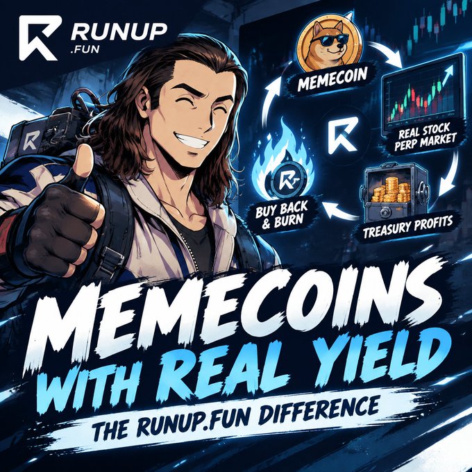 A promotional graphic for "RUNUP.FUN" featuring an anime-style character giving approval, promoting "Memecoins with Real Yield" through diagrams showing Memecoin, Real Stock Perp Market, Treasury Profits, and Buy Back & Burn.