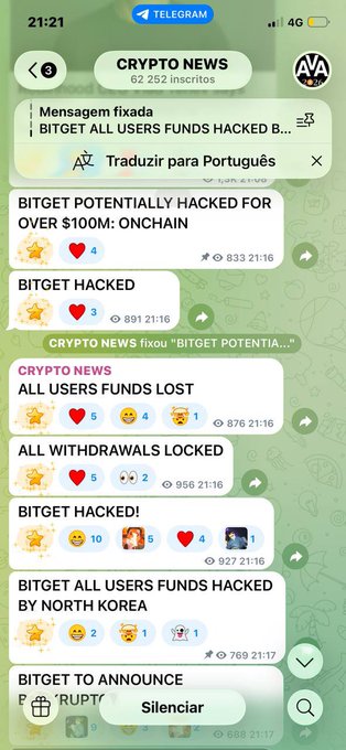 A Telegram channel screenshot titled 'CRYPTO NEWS' displays multiple pinned messages about BITGET being hacked, including headlines like 'BITGET POTENTIALLY HACKED FOR OVER $100M: ONCHAIN' and 'BITGET ALL USERS FUNDS HACKED BY NORTH KOREA,' with a 'Silenciar' (Mute) button at the bottom.