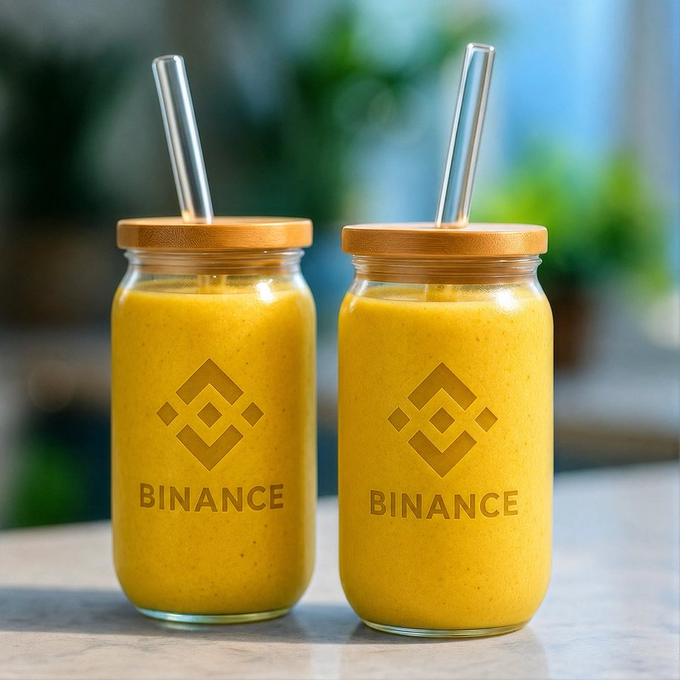 Two glass jars with bamboo lids and glass straws are filled with an orange beverage, each labeled with the "BINANCE" logo and branding.
