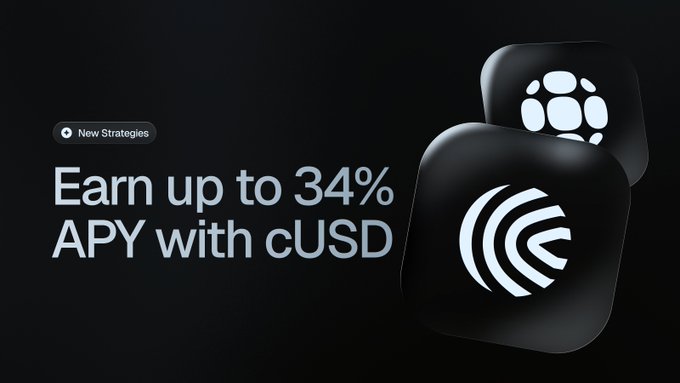 The image displays a poster with two black squares side-by-side, each containing a logo that reads "cUSD". The text at the bottom of the poster states that new cUSD strategies are live and invites users to earn up to 34% APY on the strategy by looping their @pendle_fi tokens through Odyssey. The caption at the top of the image further explains how depositing into this strategy also gains users XP points, which can be used in future campaigns or for other purposes.