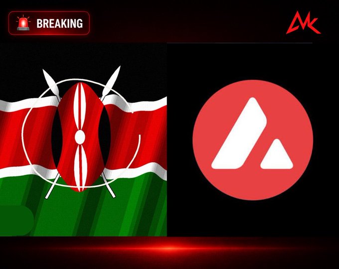 A graphic with a red 'BREAKING' banner displaying the Kenyan flag on the left and the Avalanche (AVAX) logo on the right, with a red 'MK' logo in the top right corner.