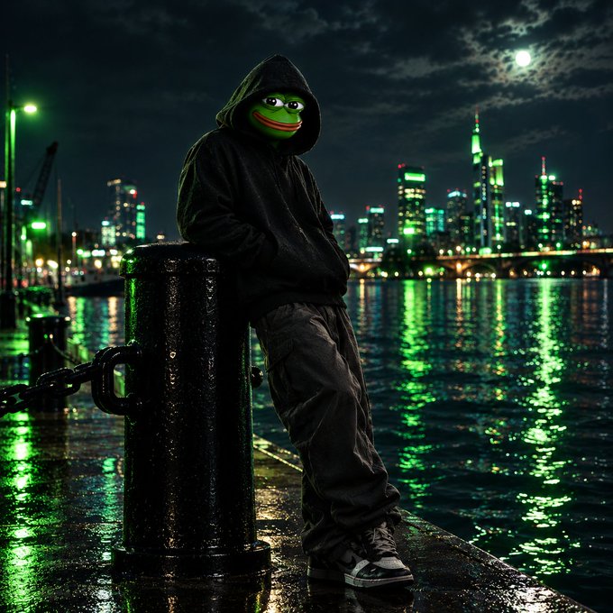 A person wearing a black hoodie with a Pepe the Frog mask leaning against a bollard on a wet dock at night, with a city skyline illuminated in green reflected on the water.