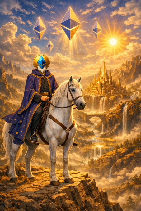 A regal, hooded figure on a white horse gazes toward a distant golden castle, framed by four Ethereum logo diamonds floating in a radiant sunrise—an ethereal "Book of Ethereum" scene accompanying the post's poetic tribute to Lord BOOE.