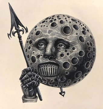 A detailed pencil drawing depicts an anthropomorphic moon with a craggy, cratered face, gripping a trident in a skeletal hand while a key dangles from its mouth, showcasing the intricate dark character artwork that the post praises from artist @the_miladrahimi on the XRP Ledger.