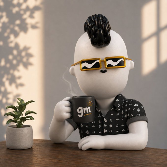 A 3D-rendered cartoon character with spiky black hair, wearing gold-rimmed sunglasses and a black patterned shirt, sitting at a table with a potted plant and holding a steaming black mug labeled "gm."