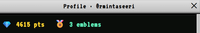 A profile interface for user @rnintaseeri showing 4615 points (pts) and 3 emblems with an X close button.