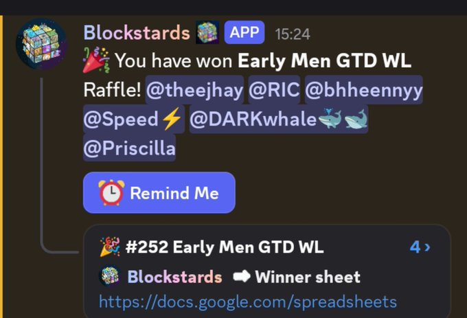 Telegram message from Blockstards APP announcing 'You have won Early Men GTD WL Raffle!' tagging users @theejhay, @RIC, @bhhheennyy, @Speed, @DARKwhale, and @Priscilla, with a 'Remind Me' button.
