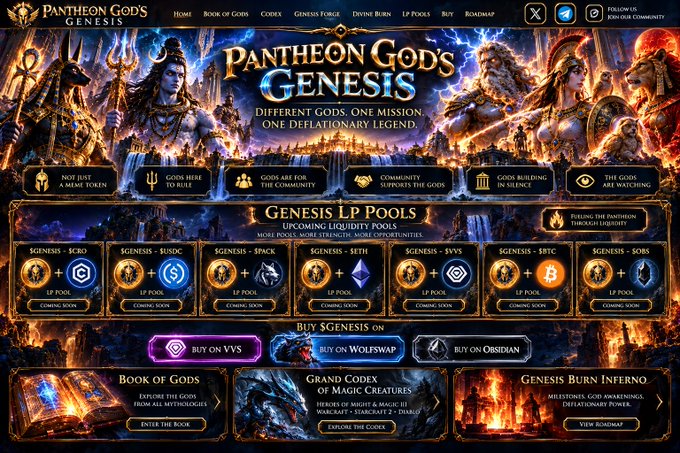 A promotional webpage for 'PANTHEON GODS GENESIS' crypto project, featuring mythological characters and various liquidity pool and token purchase options.