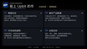 A dark presentation slide in Chinese listing '01 韩国社区' (Korean Community), '02 真实产品数据' (Real Product Data), '03 代币结构透明' (Transparent Token Structure), and '04 合规达标' (Compliance Standards), referencing UPbit and Bitcoin.