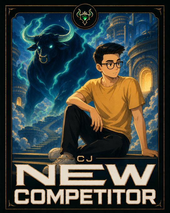 A stylized card-style illustration titled 'CJ NEW COMPETITOR' showing a young man with glasses in a yellow shirt sitting beside a large glowing blue bull-like creature against a fantasy cityscape.