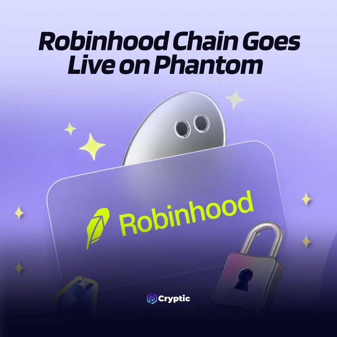 A promotional graphic announces "Robinhood Chain Goes Live on Phantom" in bold text, featuring the Robinhood logo and mascot on a purple gradient background with a padlock icon and decorative sparkles, with the "Cryptic" branding at the bottom—visually representing the integration of Robinhood's Layer 2 network into the Phantom wallet.