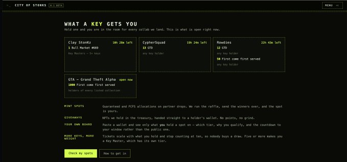 A 'City of Stonks' game interface displaying NFT keys including Clay Stonks, Cyphersquid, and Roodles, along with mint spots, giveaways, and yield statistics for the 2x BETA.