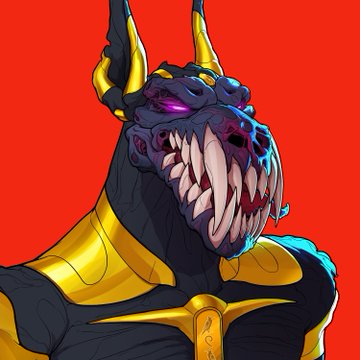 A digital illustration of a menacing dragon-like creature with purple glowing eyes, golden horns, and sharp teeth against a red background.