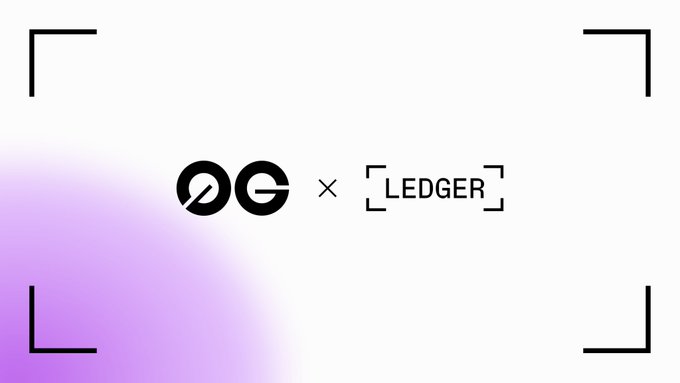 A collaboration graphic featuring the "0G × LEDGER" logos, with corner brackets framing the partnership announcement against a purple gradient background, promoting self-custody staking of 0G tokens via Ledger's secure element hardware wallet.