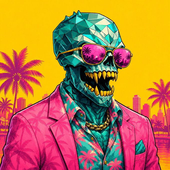 A turquoise polygonal skull with gold teeth wears pink mirrored sunglasses reflecting a city skyline, dressed in a vibrant pink blazer over a tropical palm-print shirt with a gold chain, set against a bright yellow background featuring magenta palm trees and a cityscape.