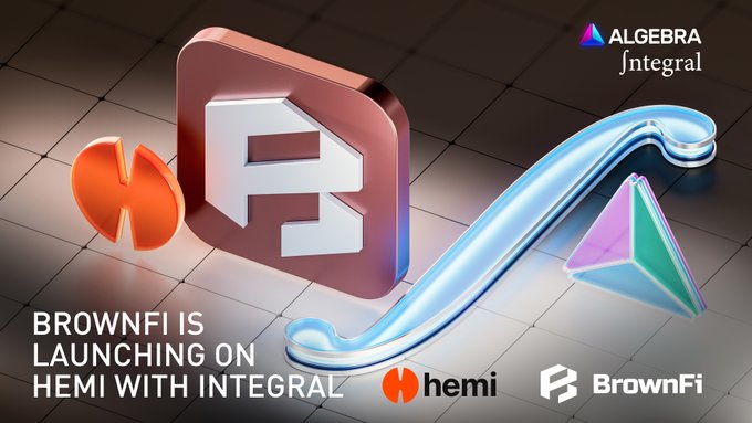 Announcement graphic stating 'BROWNFI IS LAUNCHING ON HEMI WITH INTEGRAL,' featuring 3D logos for Hemi, BrownFi, and Algebra Integral with a glass slide design.