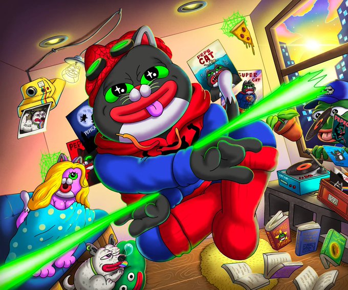 A colorful cartoon illustration of a superhero cat shooting green lasers, surrounded by other cat characters, posters reading 'PEPPA CAT' and 'SUPER CAT', records, and books.