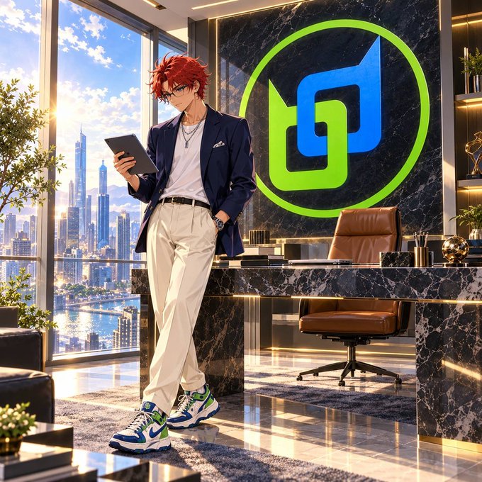 An anime-style illustration of a red-haired man in a navy blazer and white pants using a tablet in a luxurious office, with a large blue and green logo on the wall behind him.