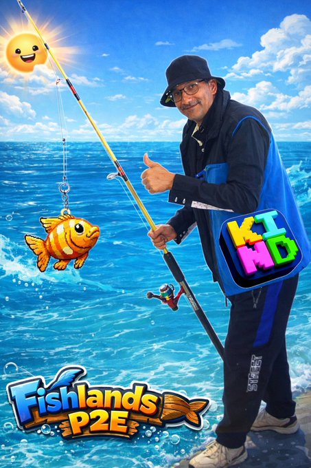 A man in a bucket hat and sunglasses holds a fishing rod while wearing a bag labeled 'KIND', with the 'Fishlands P2E' game logo displayed against an illustrated ocean backdrop.