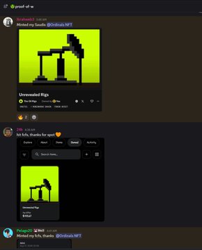 A Discord chat screenshot shows Habibi minting "Unrevealed Rigs" NFT on ordinals.market, followed by messages thanking @Hafo1991 for an allocation to OrdinalsHood for The Oil Rigs collection, consistent with the accompanying post.