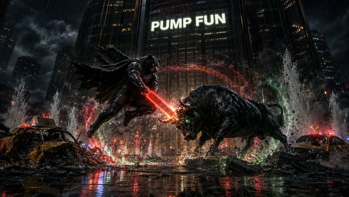 A dramatic cinematic showdown unfolds in a rain-soaked cityscape, where a caped warrior with a glowing red sword clashes against a massive, armored bull. The bold text "PUMP FUN" towers above the battle, fitting the post's hype of a major bull vs. event taking center stage on the platform.